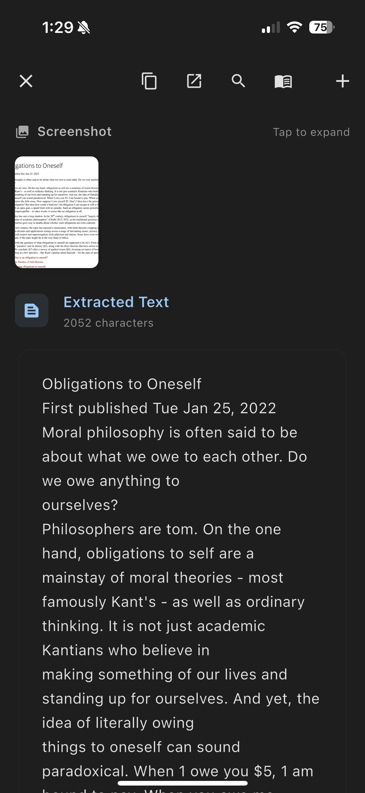Extracted text interface